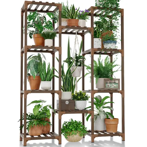 Bamworld Eucalyptus Wood 10-Shelf Vertical Garden Rack - Indoor-Outdoor Tall Flower Pot Holder, Natural Wood Racks & Displays, Large Tiers, 150 lbs Capacity, 30-Inch Center, 30"×11.8"×42.5" Dimensions, Home Organizer for Living Room, Patio, Brown
