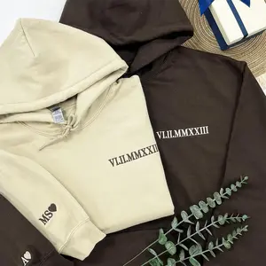 Custom Embroidered Roman Numeral Hoodie, Couples Hoodie, Personalized Gift Date Hoodie Initial on Sleeve, Engagements, 1st Anniversary
