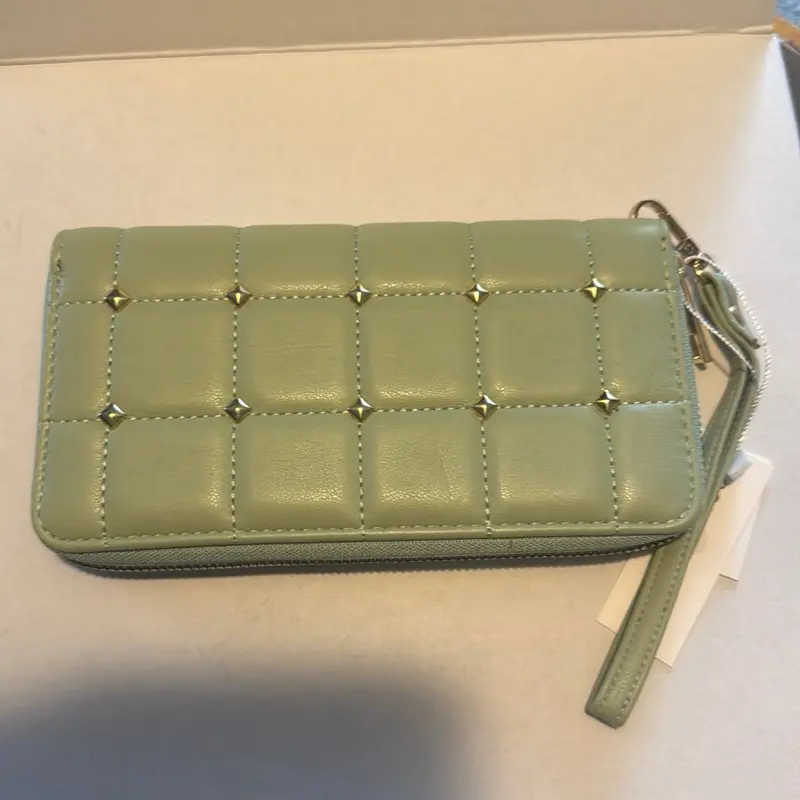 Couture Gems GreenQuilted Zip-Around Wallet with Gold-Tone Pyramid Studs for Stylish Storage