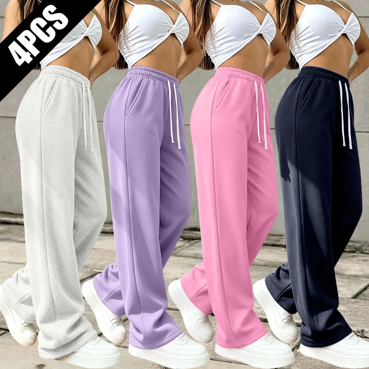 Women’s athletic casual pants, 4-pack, solid colors, elastic drawstring waistband, suitable for outdoor sports and everyday wear; women’s sweatpants, women’s long pants, women’s bottoms, womenswear