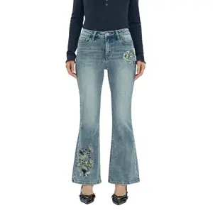 Women's Mid Rise Flared Jeans With Front Leg Embroidery