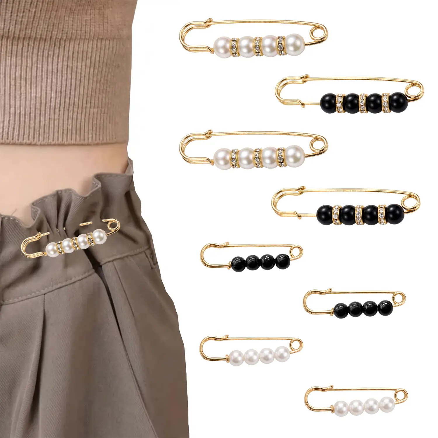 8 Counts Pearl Brooch Pins, Clothing Dresses Decoration, No Sewing Sweater Shawl Safety Pins Cardigan Collar Safety Pins for Women Faux Pearl Pant Tightener for Women Girls