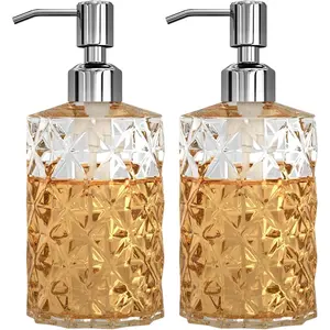 GLADPURE Soap Dispenser - 2 Pack, 12 Oz Clear Diamond Design Glass Refillable Hand Soap Dispensers; with 304 Rust Proof Stainless Steel Pump, Lotion Dispensers for Kitchen, Bathroom