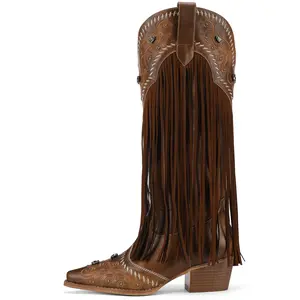 Rogerdream Fringe Cowboy Boots for Women Knee High Western Cowgirl Boots Sparkly Rhinestone Retro Country Boots with Embroidered Pointed Toe Chunky Heel Pull on Fashion Vintage Tall Boots