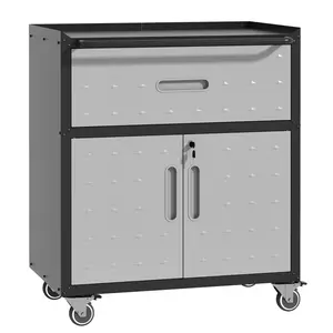 Sturdy and Durable Metal Tool Cabinet for Garage with Wheels - Mobile Heavy-Duty Storage Cabinet with 1 Drawer and 2 Locking Doors, Rolling Tool Storage Cabinet, Layered storage with large capacity, easy to clean and prevent oil stains