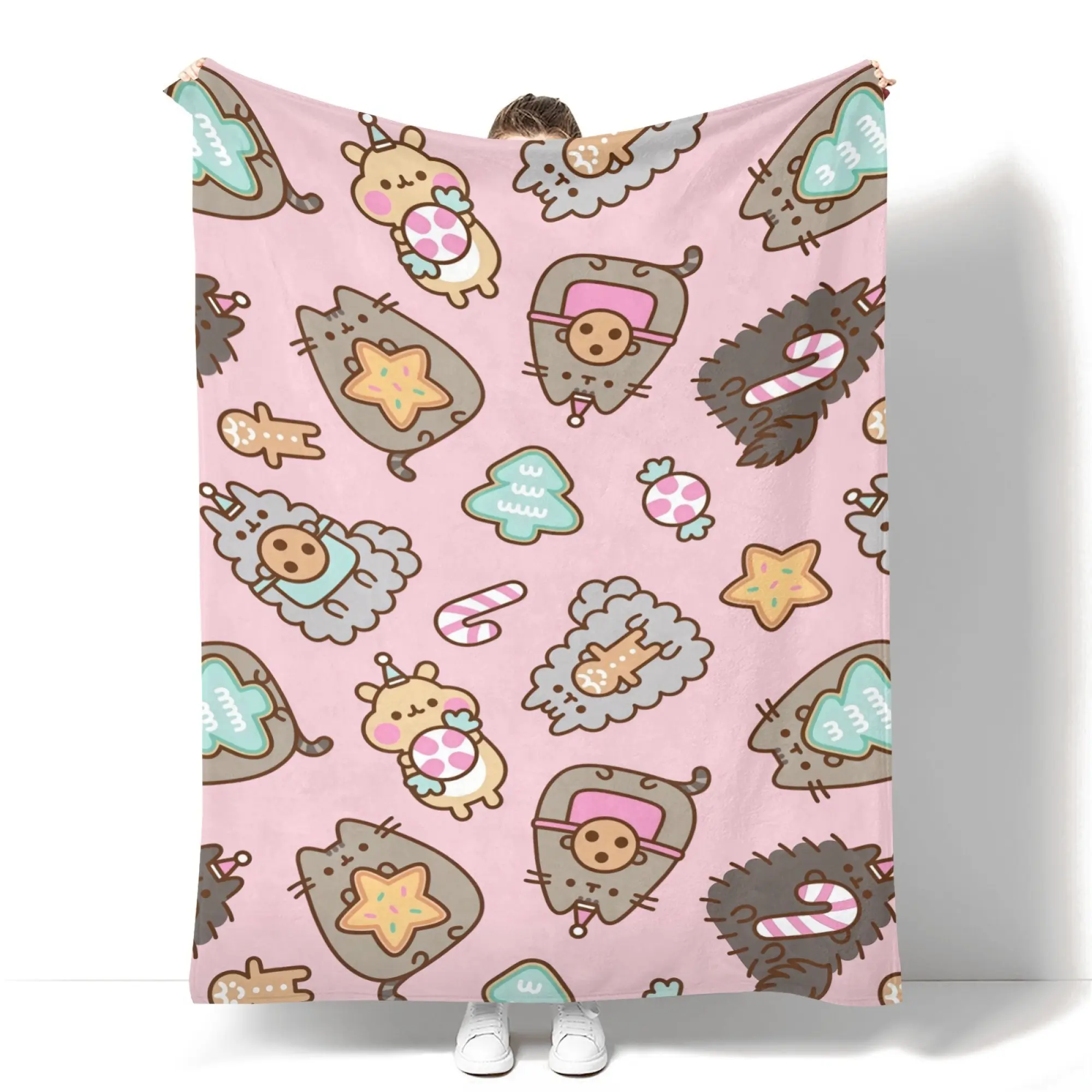 Pusheen Cookies Flannel Blanket – A Cute Christmas Gift with Cute Pusheen Cats This Super Soft Flannel Blanket is The Perfect Gift for Christmas and lovers Birthday and Valentine's Day gifts Soft Warm Cozy Throw for Bed Sofa Nap Travel, Cute Home Decor