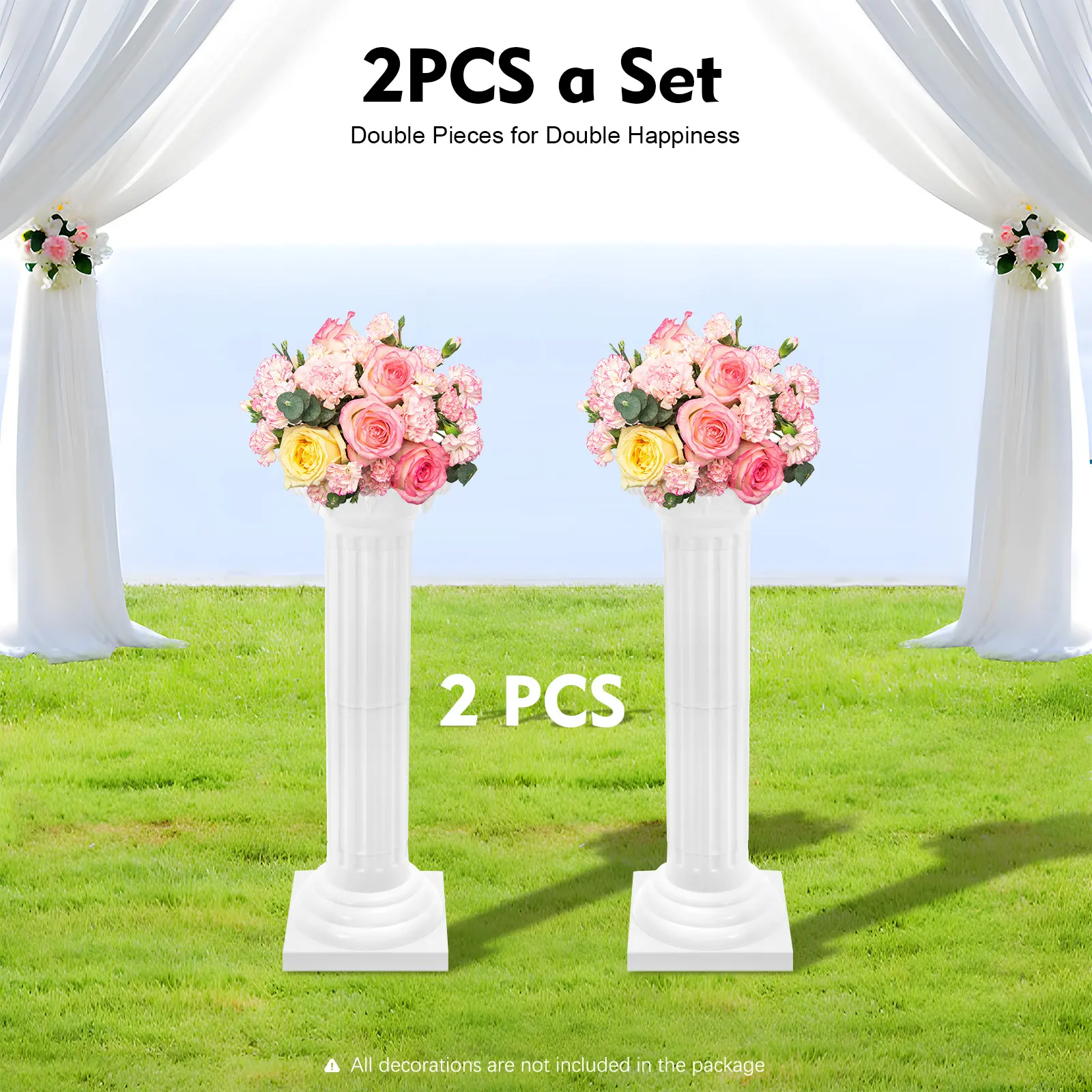 2-Piece White Wedding Roman Columns - 34.65in Adjustable Height Decorative Pillars, 110LBS Load-Bearing, European Style for Wedding/Garden/Event Decor