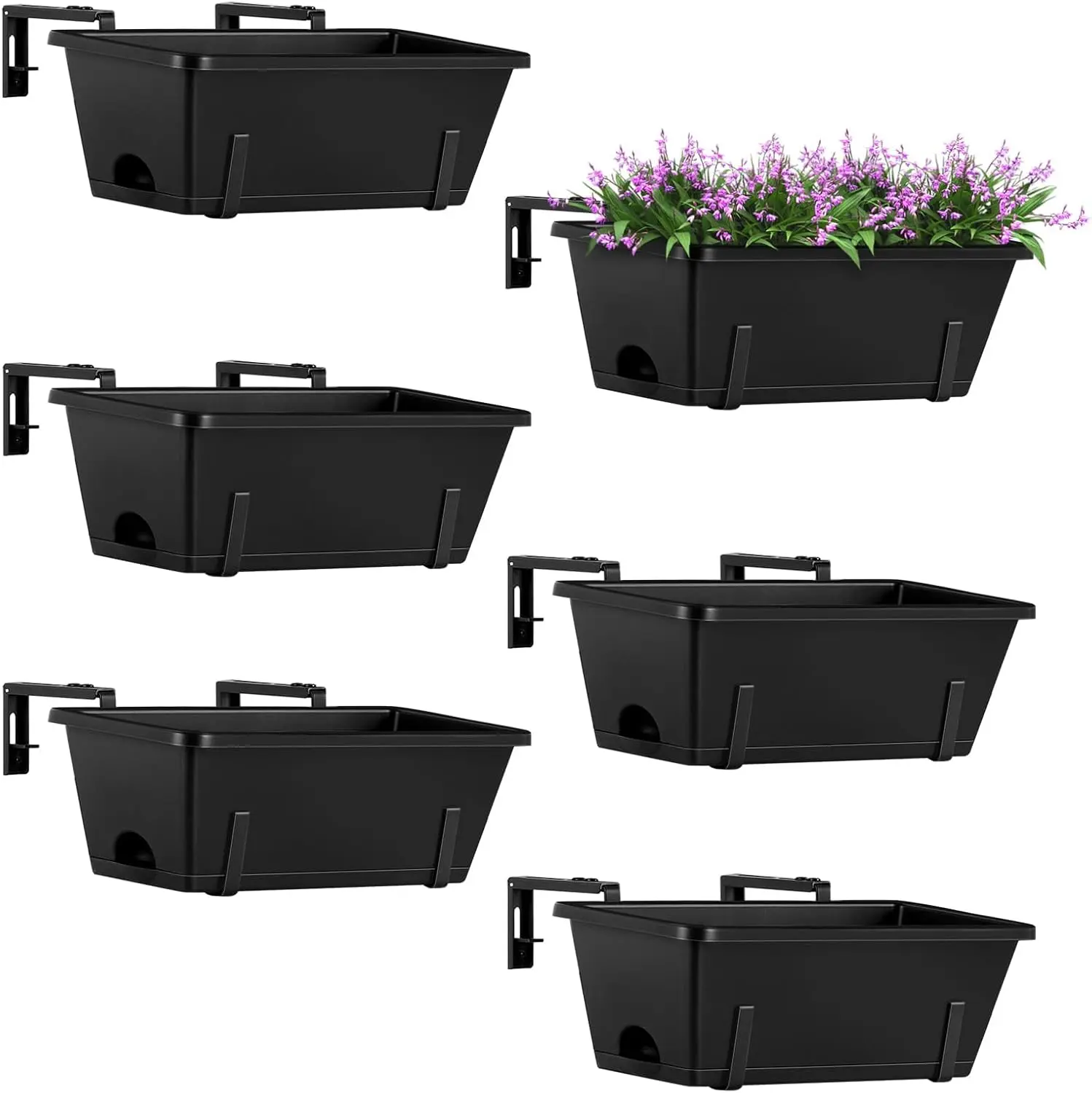 Railing Planter Hanging and Planter Box Brackets Set 6 Pack Adjustable Deck Window Boxes Planters with Drainage Holes for Garden Railing Fence, Black