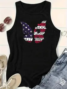 【Plus Size】 American Flag & Butterfly Print Tank Top, Casual Sleeveless Top for Daily Wear, Women's Plus Clothing for All Seasons, Socks