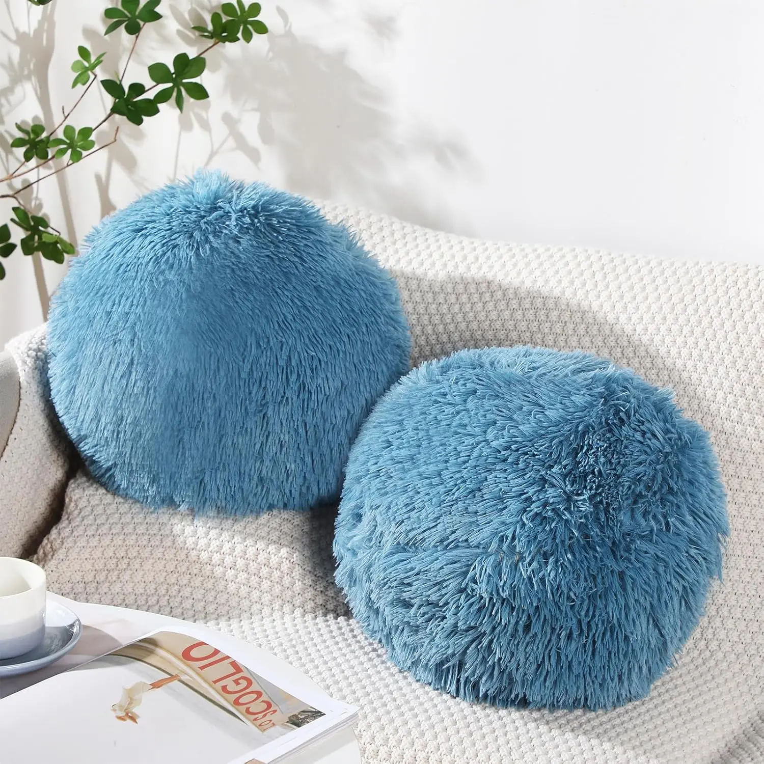 2 count Round Plush Ball Throw Pillow Soft Circle Decorative Spherical Fuzzy Pillows 10 Inch for Bedroom Living Room Office School Couch Chair Bed Decorations(Blue)