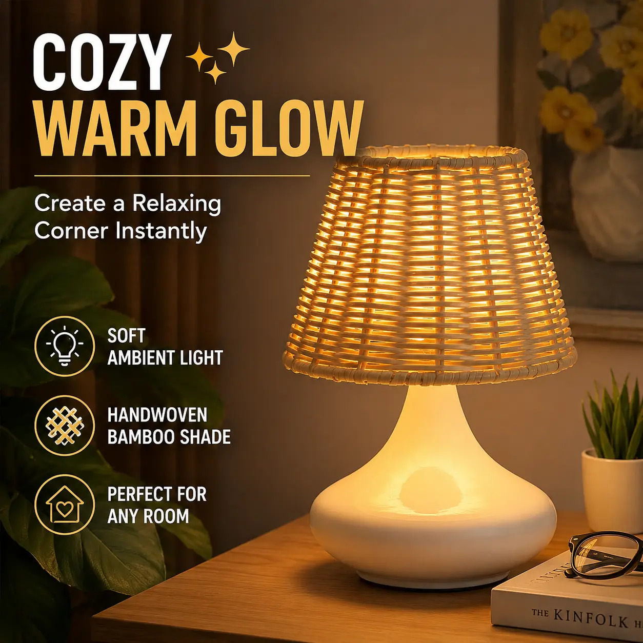 Boho Neutral Style Rattan Tabletop Lamp with Ceramic Base - Bedside Night Light, Home Decoration for Bedroom Reading Nook Indoor Lighting