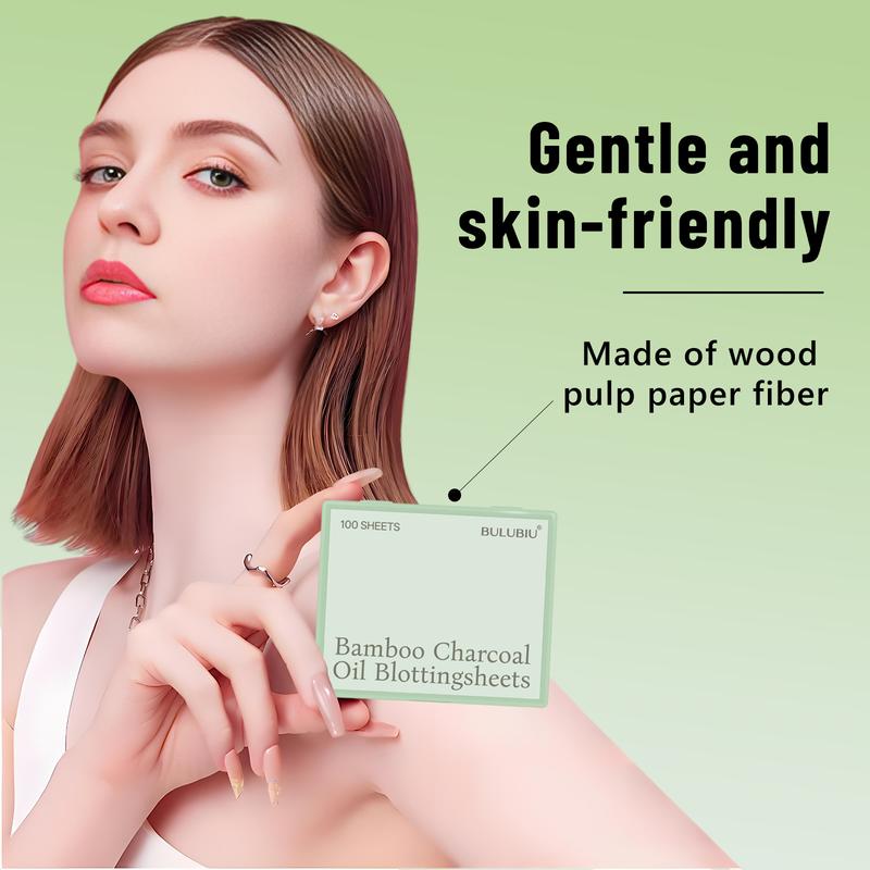 Bamboo Charcoal Oil Blotting Sheets for Face (100 Sheets) with Built-in Mirror & Puff - Instant Matte Finish & Makeup Friendly Face Oil Control Paper for Oily Skin