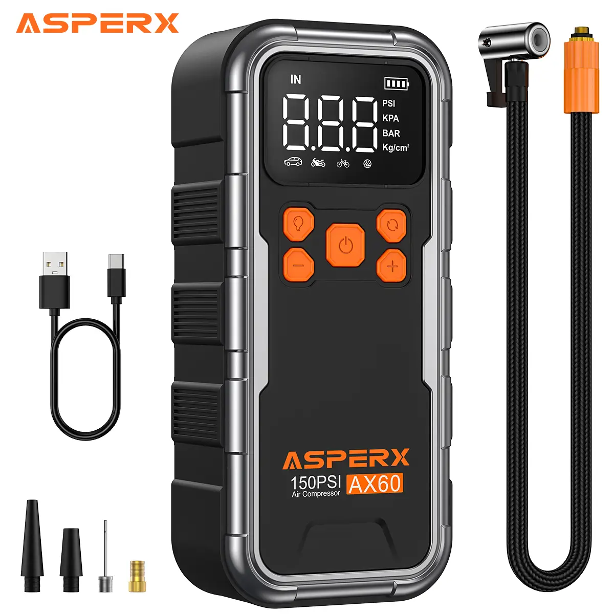 AsperX AX60 Tire Inflator, 150PSI Cordless Portable Air Compressor for Car Tires, 3X Faster Air inflator with Digital Pressure Gauge and LED Light