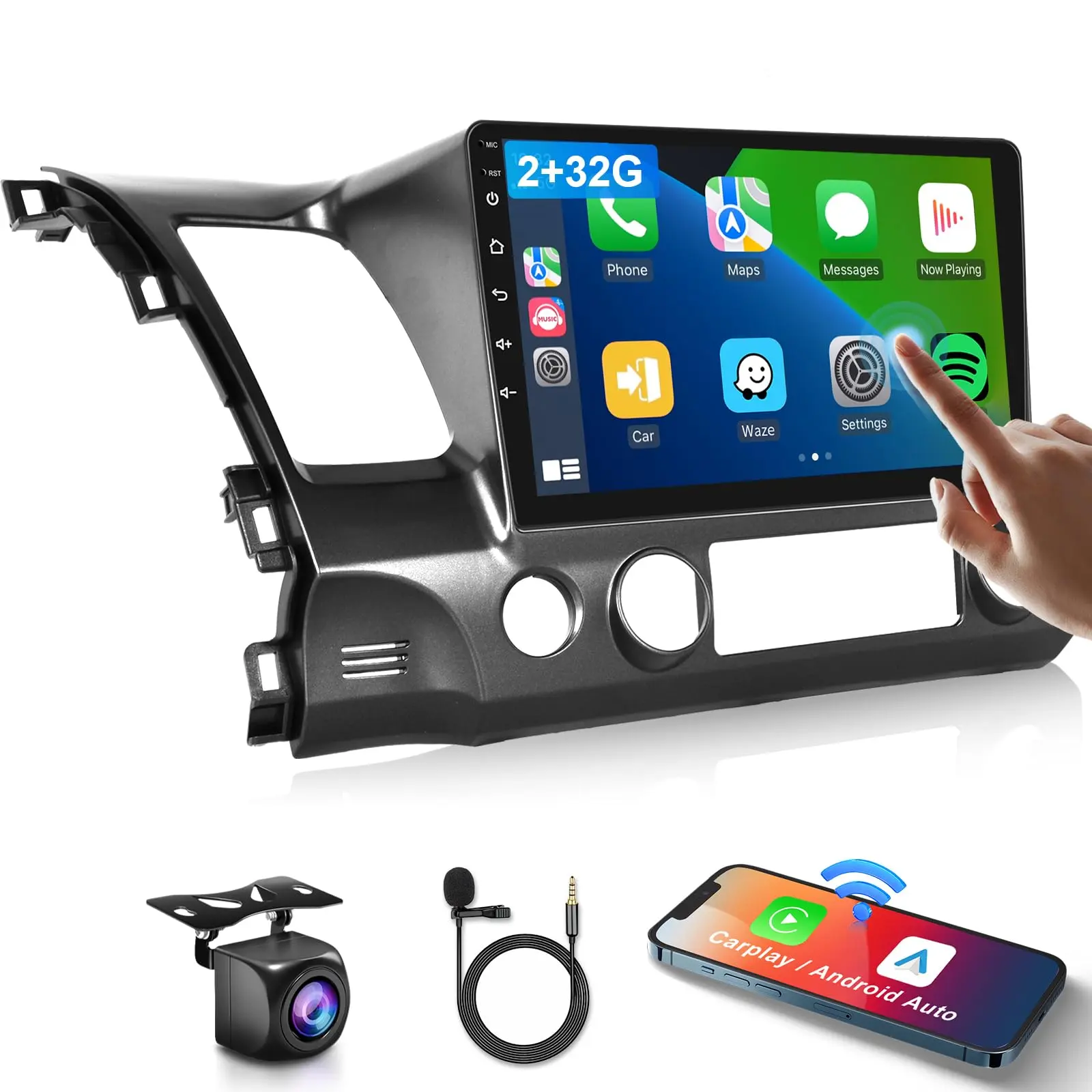 2G+32G Car Stereo for Honda Civic 2006 2007 2008 2009 2010 2011 with Wireless Carplay Android Auto, 10.1" Touchscreen Android Car Radio Support Bluetooth WiFi GPS USB Mirror Link Backup Camera, Carplay Screen, Car Screen Carplay