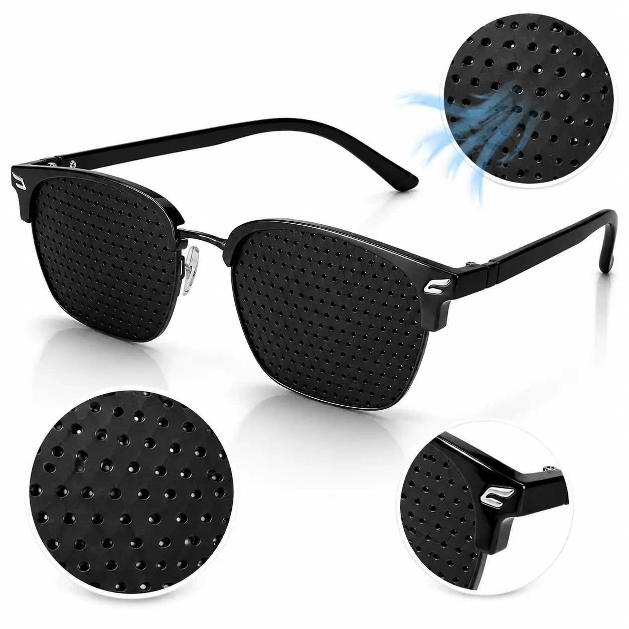 Unisex High Quality Eyewear - Non-Prescription Square Full-Rim Blue Light Blocking Pinhole Glasses, Black Frame, Lightweight Comfortable Fit, USA Style for Office, Gaming, Blue Light Glasses