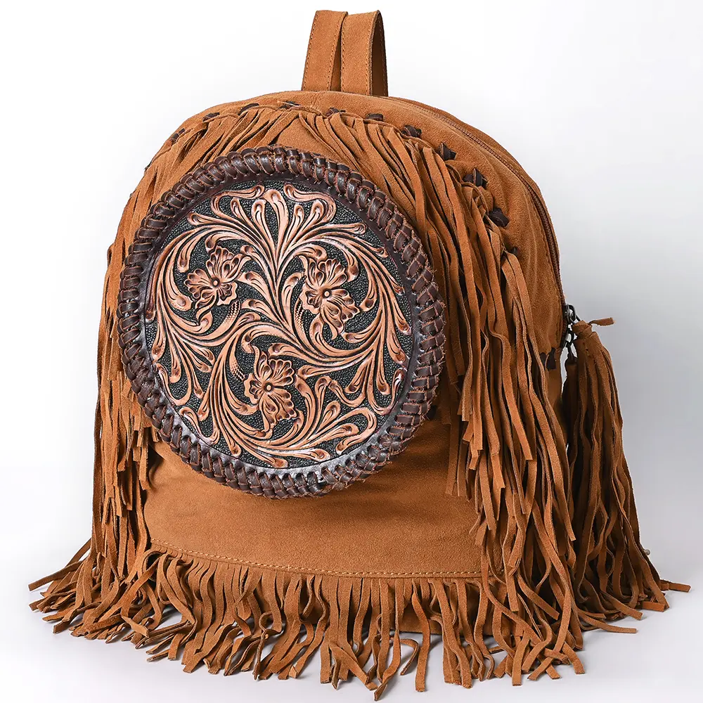 American Darling Hand Tooled Floral Carved Vegetable-Tanned Genuine Leather Backpack with Fringes and YKK Zipper