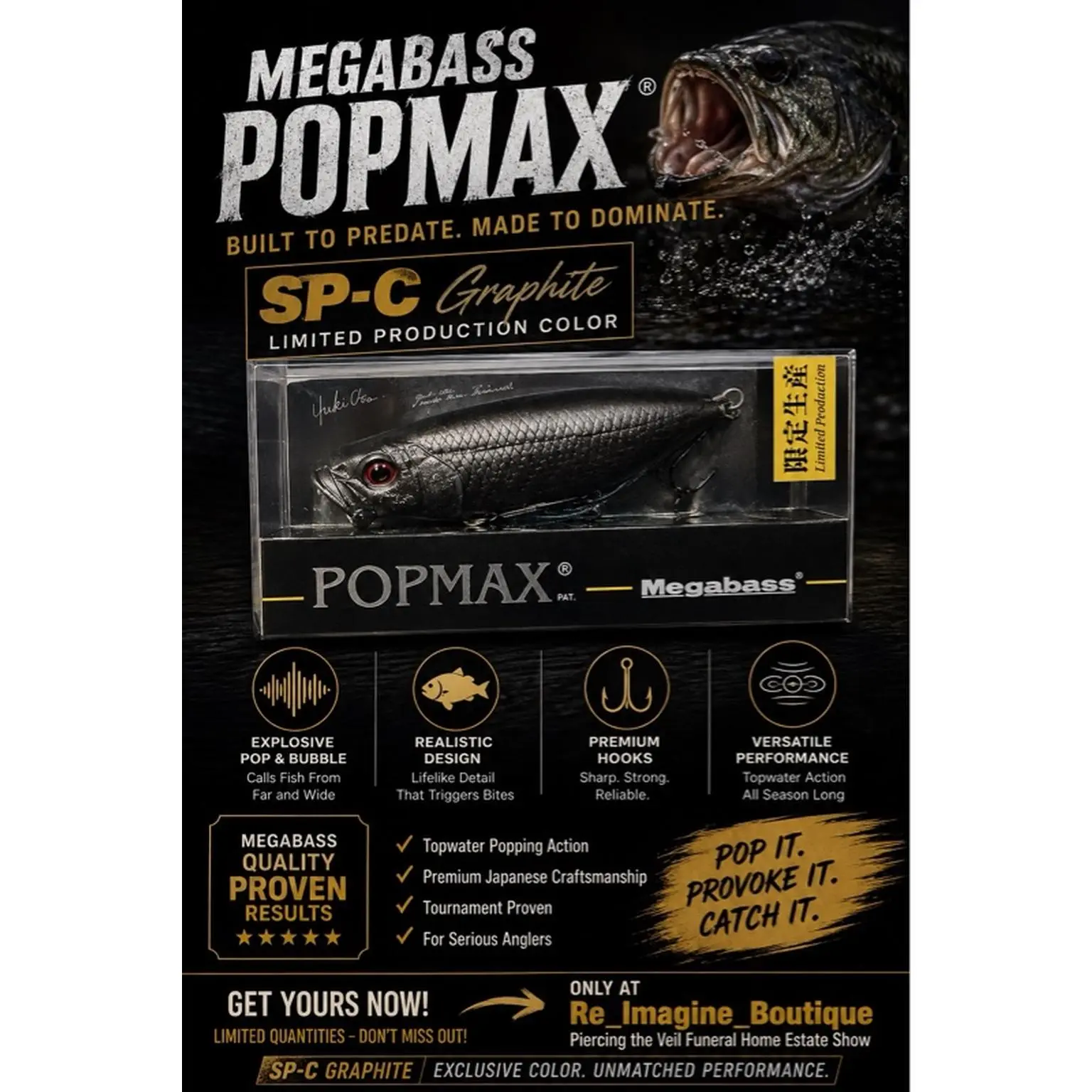 Megabass POPMAX SP-C Graphite Limited Production Topwater Popper 3.07 in 1/2 oz Floating Gill System for Bass Fishing