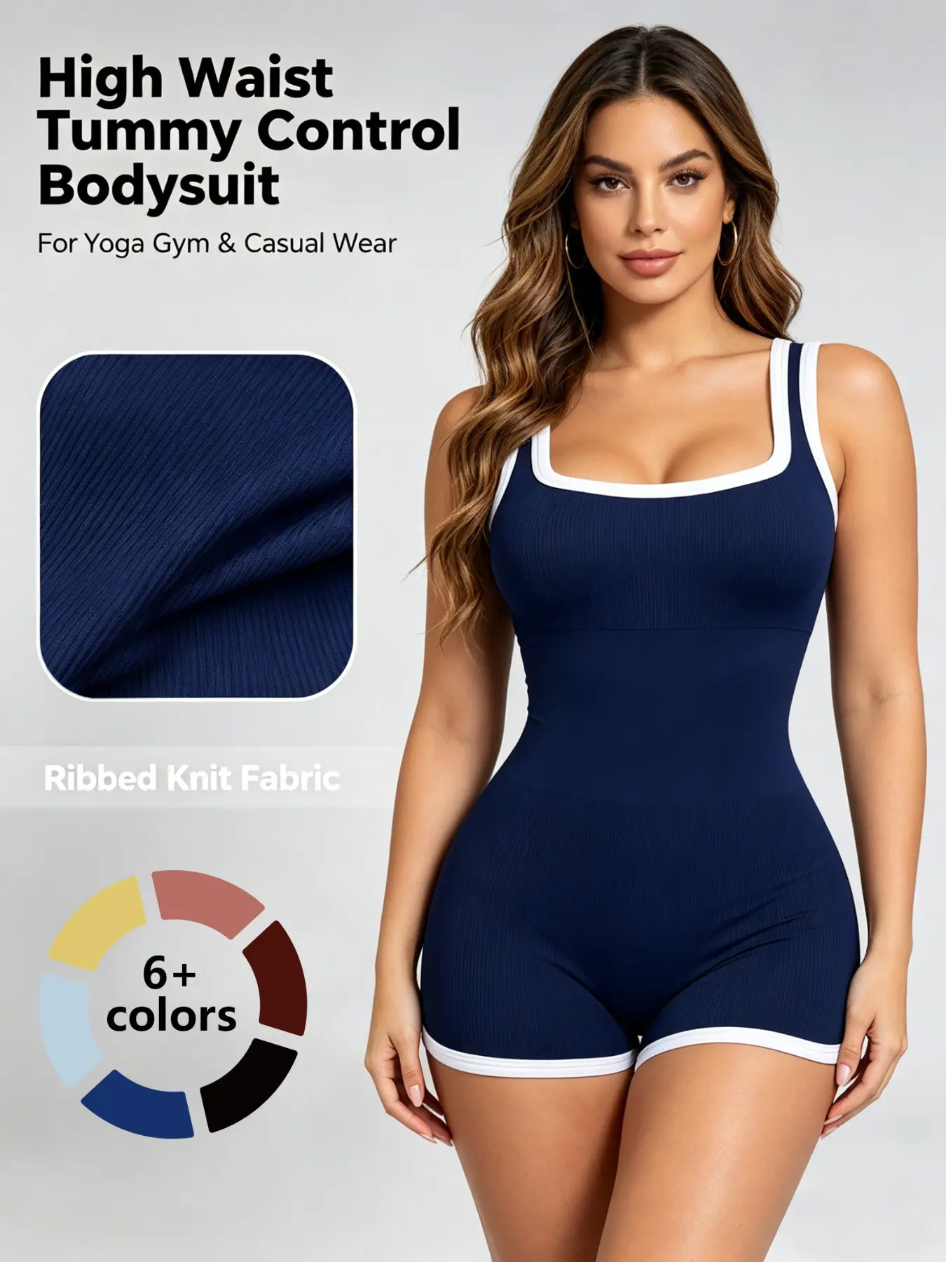 Women's Colorblock Ribbed Half-Length Jumpsuit, Seamless Yoga Sportswear, Activewear Jumpsuit, Sexy Slim Fit One-Piece, Short Colorblock Jumpsuit for Casual Wear, Yoga Workout Jumpsuits, Colorblock Sporty Jumpsuit, Fitness Yoga Jumpsuit
