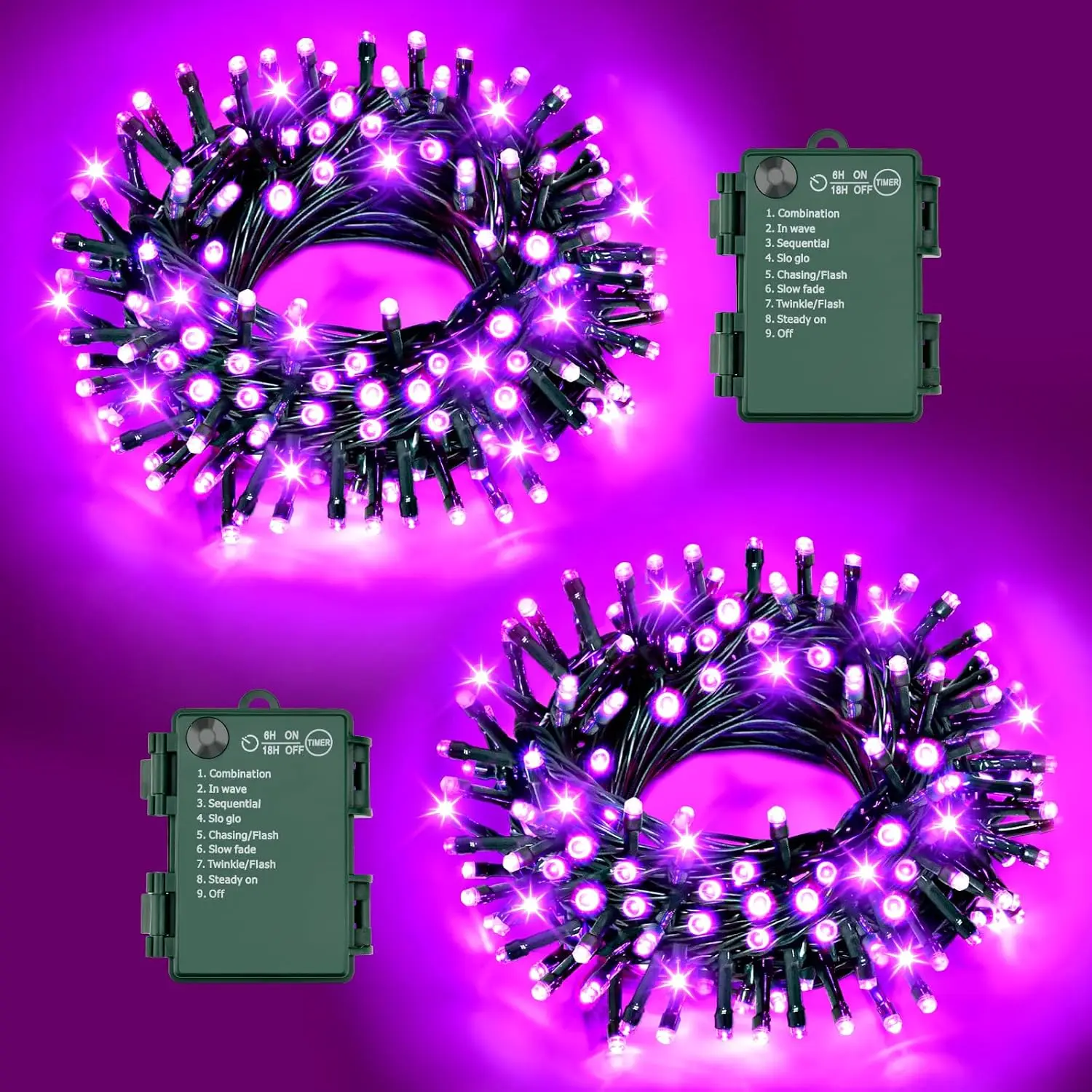 Halloween Gift Purple Lights Halloween Lights String Total 100LED Battery Operated Outdoor 8 Modes with Timer 16.4Ft*2, 50LED*2 Waterproof Indoor for Halloween Decor, Purple, 2-Pack