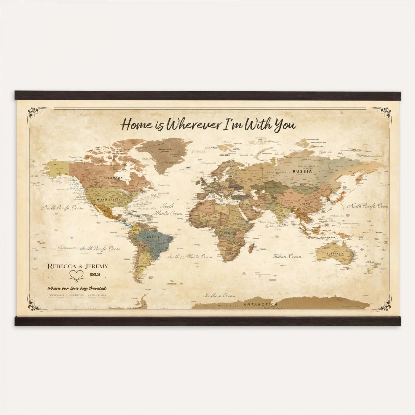 Framed Vintage Custom World Map Canvas Print – Personalized Travel Map Wall Art