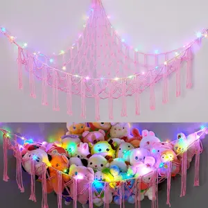 Stuffed Animals Net or Hammock with LED Light, Hanging Stuffed Animals Storage Toy Hammock Net Corner Wall Girls Room Decor Toy Storage Organizer, Pink, XL
