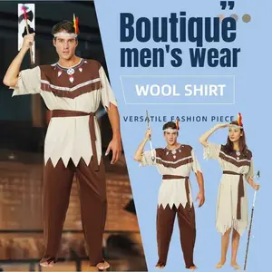Adult Gray White Indian Costume Halloween Men's and Women's Indigenous Wild Man Costume Makeup Ball Performance Costume