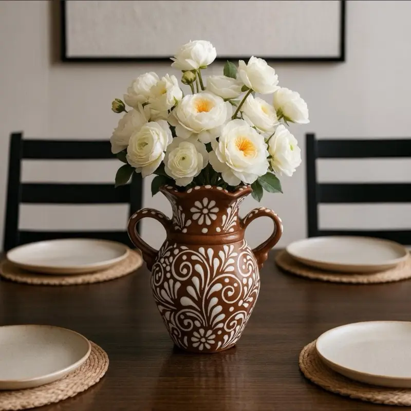 Talavera Cielito Lindo Flower Vase | Dark Brown & White