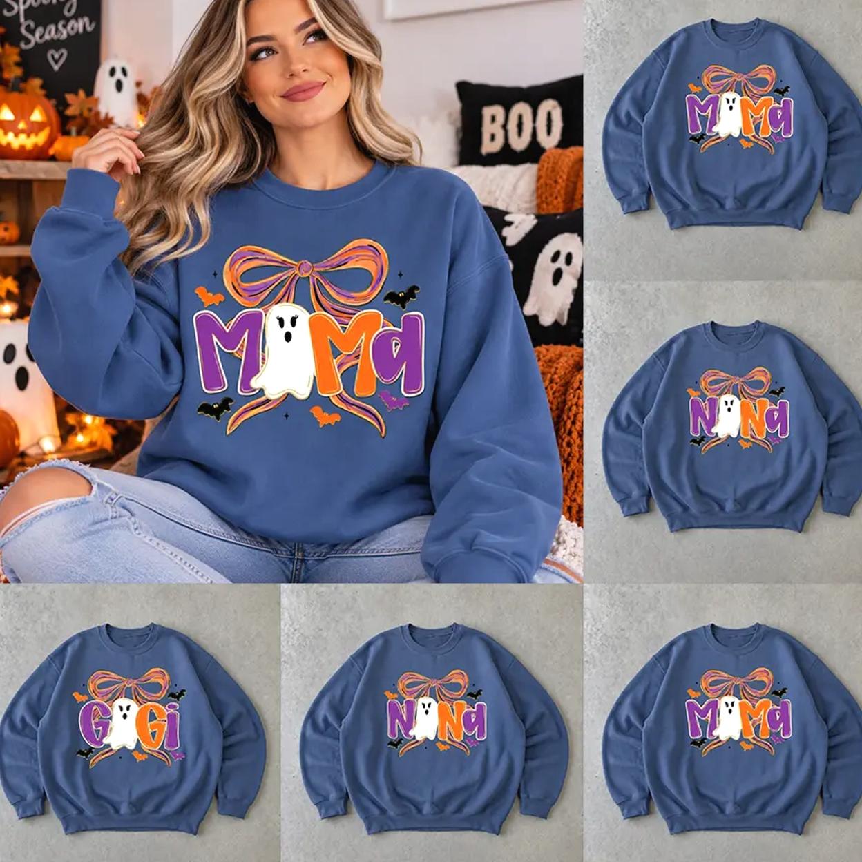 Custom Halloween Mom Sweatshirt, Personalized Mama Mimi Gigi Nana Crewneck, Cute Ghost Bow Spooky Season Shirt, Halloween Gift for Mom Grandma -P&P