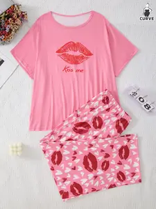Plus Size Women's Knit Sleepwear Set, Lip Print Short Sleeve Top and Pants, Casual Loose-Fitting Cozy Loungewear Pajama Set, Knitted Fabric Sleepwear for All Seasons