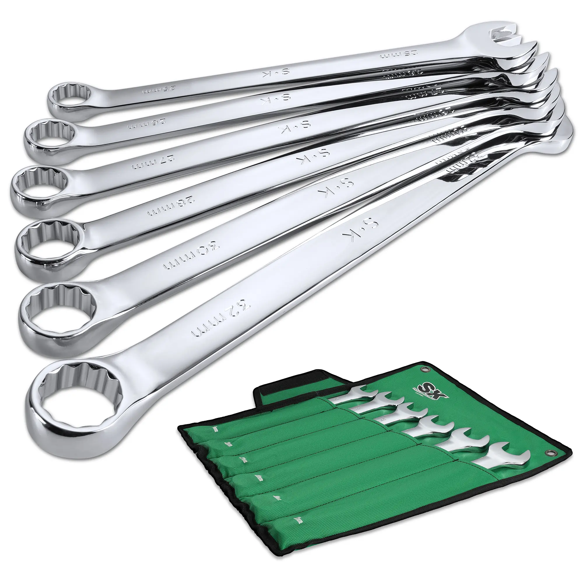 #fathersdaygift SK Long Pattern Combination Wrench Set, Metric 25 to 32mm, 6-Pack, SuperKrome Finish, Premium CR-V Construction, with Rolling Pouch
