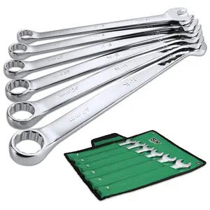SK Long Pattern Combination Wrench Set, Metric 25 to 32mm, 6-Pack, SuperKrome Finish, Premium CR-V Construction, with Rolling Pouch
