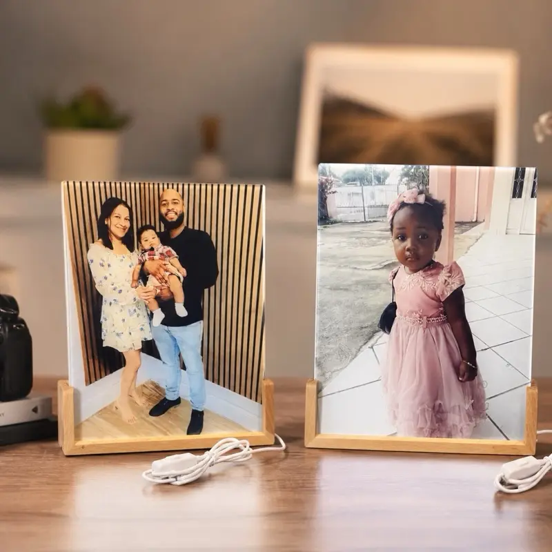 Personalized Photo LED Night Light with Wooden Base – Custom Acrylic Picture Lamp Gift for Mom, Family, Couple & Kids