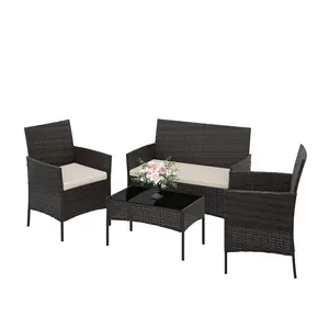 4 Piece Outdoor Patio Furniture Set All Weather Wicker Conversation Set With Cushioned Chairs Loveseat And Glass Coffee Table For Backyard Porch Balcony And Garden Seating