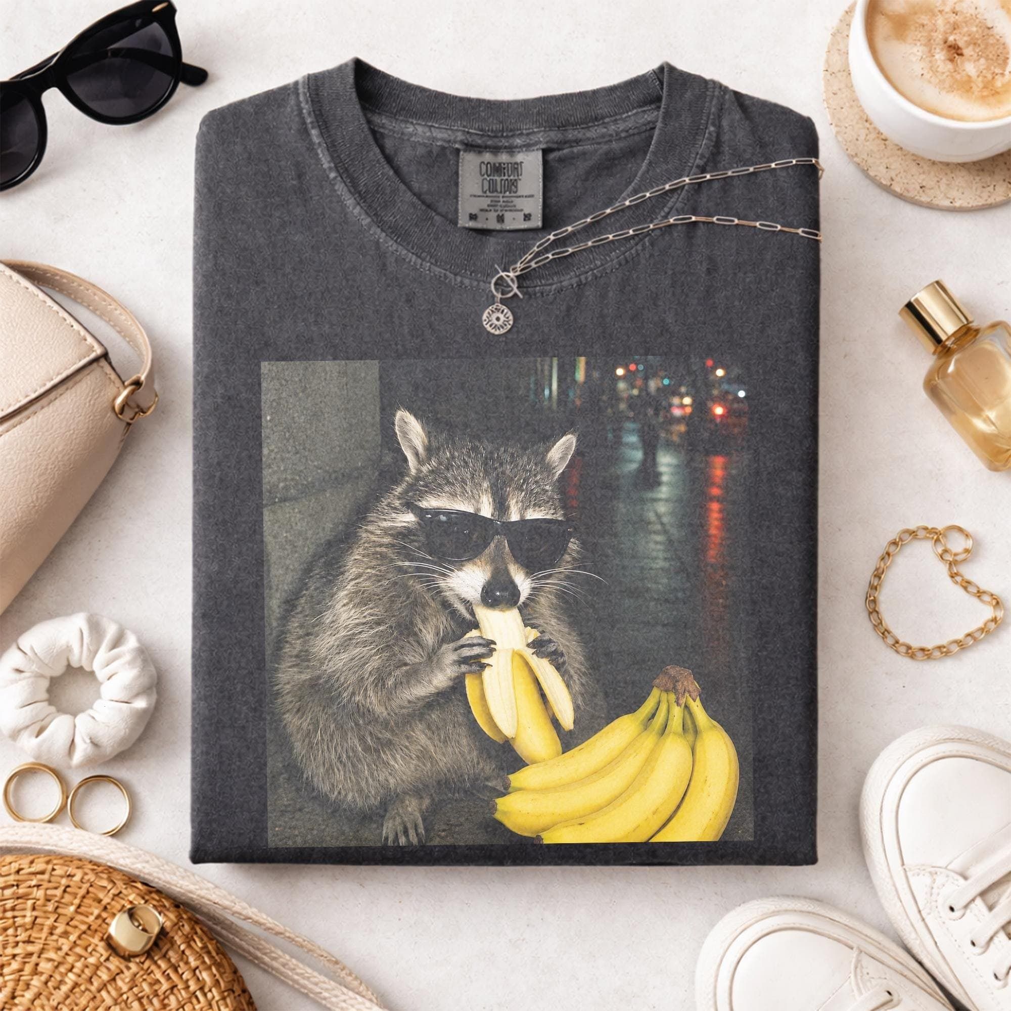 Comfort Colors Raccoon Eating Banana Graphic Tee, Funny Animal Meme Shirt, Funny Raccoon Feral Shirt, Aesthetic 90s Food Shirt, Summer Shirt