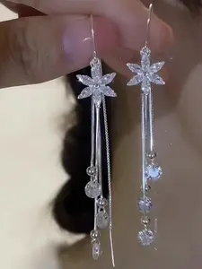 Elegant Long Sparkling Flower Dangle Earrings, Korean Style Lightweight Luxury Jewelry for Women, Perfect Gift for Holidays, Trendy Jewelry
