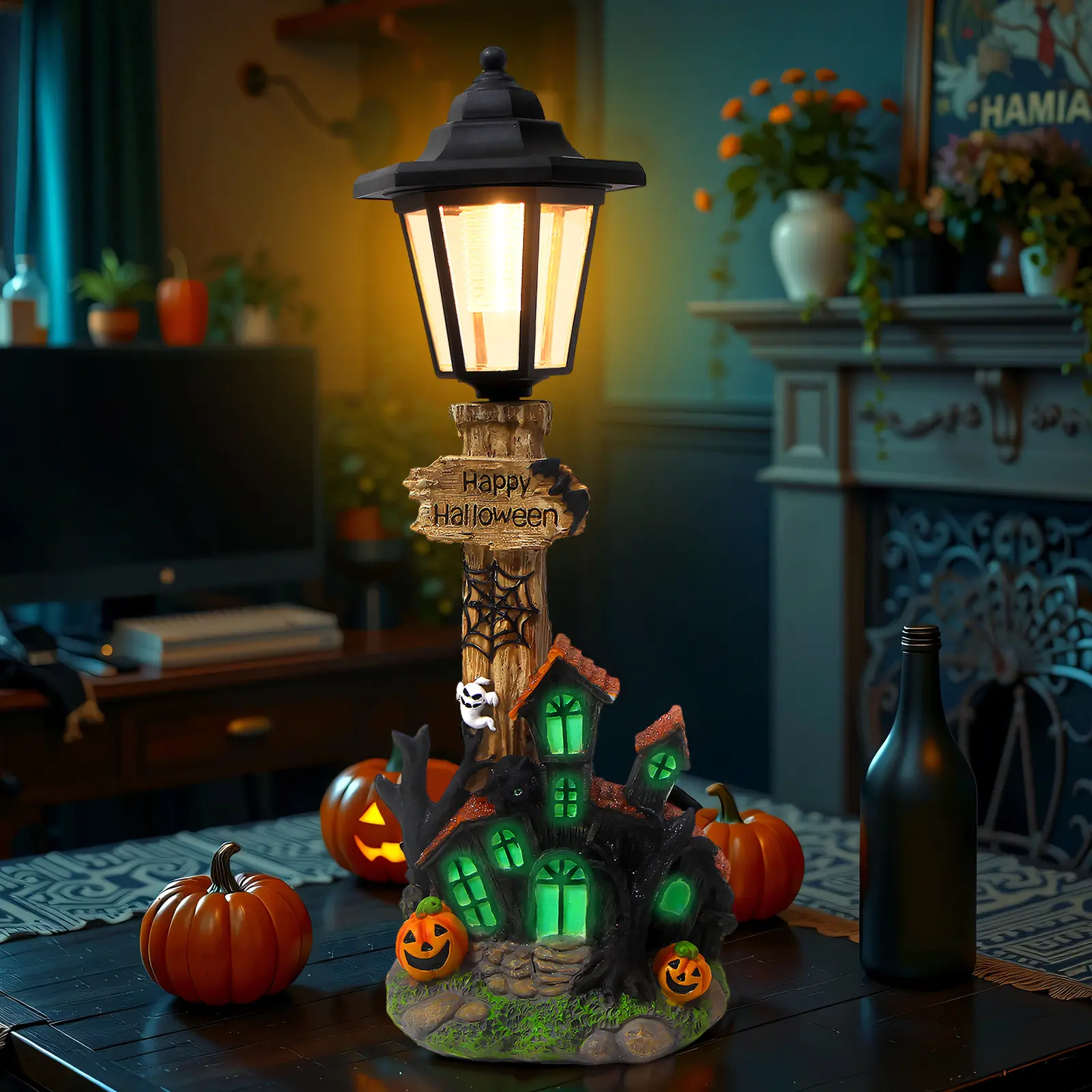 Halloween Ghost House Figurines With Solar-Powered Lights. Fun Figurines. Halloween Village Decorations. Suitable For Tards, Gardens, Outdoors, , And For Halloween Parties At Home. Ornaments festive home decor accessory sohochic