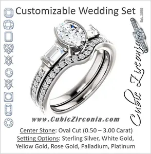 CZ Wedding Set, featuring The Naomi engagement ring (Customizable Bezel-set Oval Cut Design with Dual Baguettes & Pavé Band)