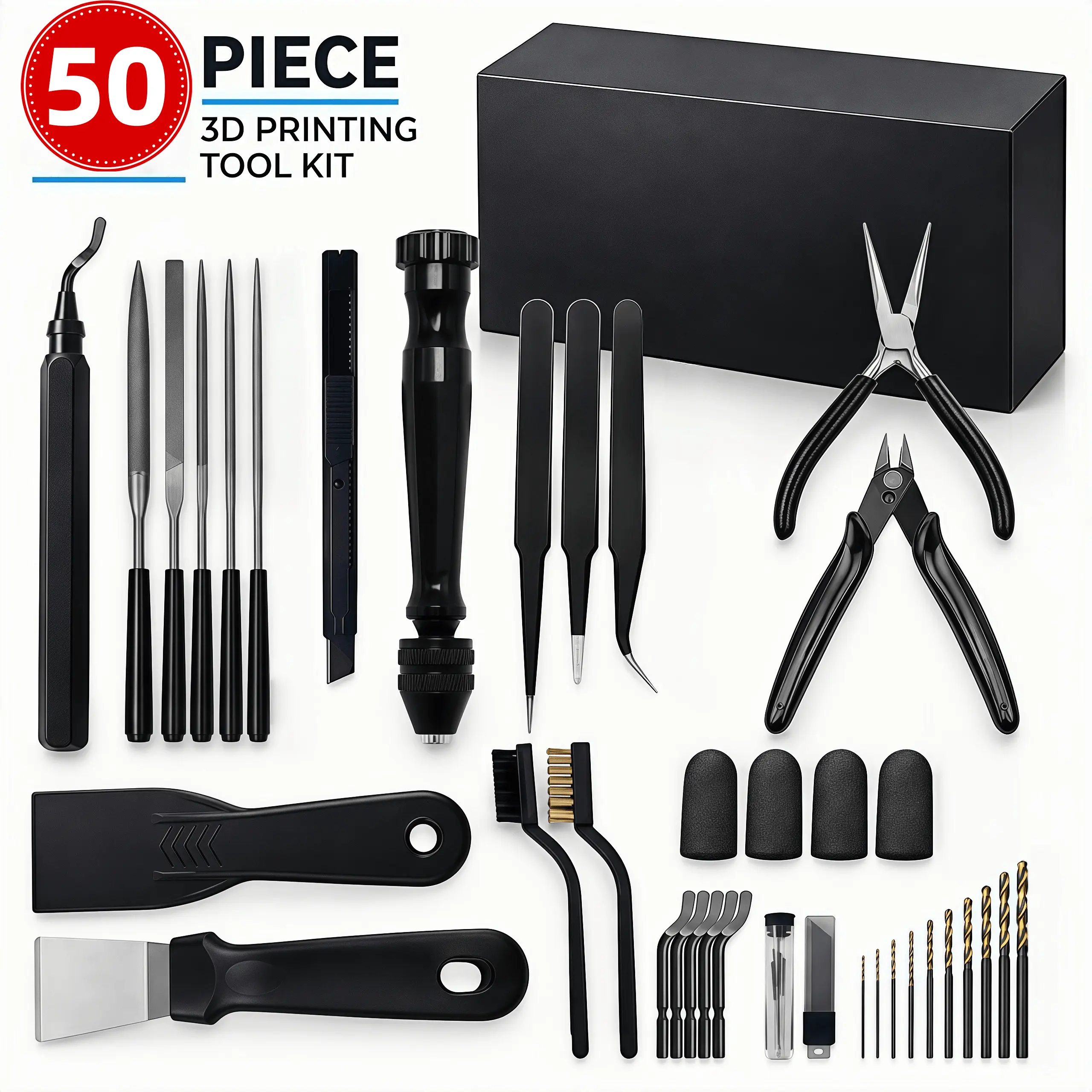 50PCS 3D Printer Tool Kit, 50 Essential Precision Tools with Digital Caliper, Wire Cutters & Deburring Tools for 3D Print Finishing, Smoothing, Trimming & Drilling, Bambu Lab & Ender 3 cool gift