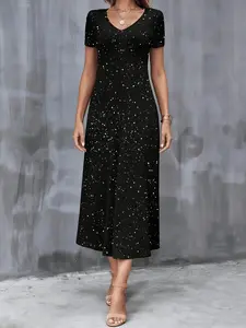 Women's V Neck Short Sleeve Dress, Casual Elegant Silver Color Sequins Design, Perfect for Formal Events & Parties