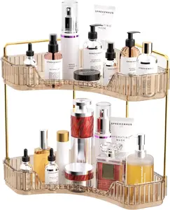 Double-Tier Bathroom Countertop Corner Organizer — Classic Storage Shelf for Cosmetics, Perfumes, and Toiletries; Space-Saving Countertop Tray Suitable for Bathrooms, Vanity Tables, and Kitchens (Amber, Green, White)