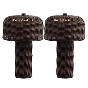 Mia 10" Modern Scandinavian Indoor/Outdoor Faux Wicker Rechargeable/Cordless Dimmable Integrated LED Table Lamp, Set of 2