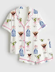 Women’s Espresso Martini Cocktail Blue Wine Alcohol Long Sleeve Satin Pajama Set - Long Pajama set & Short Pajama Set Versions Available