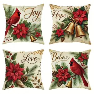 4pcs Christmas Throw Pillow Covers, Vintage Style, Perfect for Home Sofa Holiday Decor, All Room Types Suitable, Single-sided printing, no pillow core