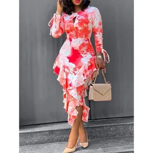 Women's Floral Print Cut Out Ruffle Trim Dress, Elegant Asymmetrical Hem Flounce Sleeve Midi Dress for Party Holiday Wedding Guest, Ladies Spring & Fall Clothes