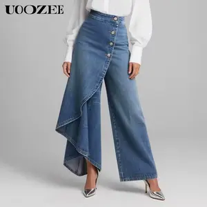 UOOZEE Women's 2026 Stylish Asymmetric Wrap Denim Wide Leg Jeans - High Waist Satin Ruffle Fabric Bottoms with Button Detail, Spring Summer Casual Streetwear (Hip Runs Small; Check Size Guide or Order Larger) - Pair with Blazer