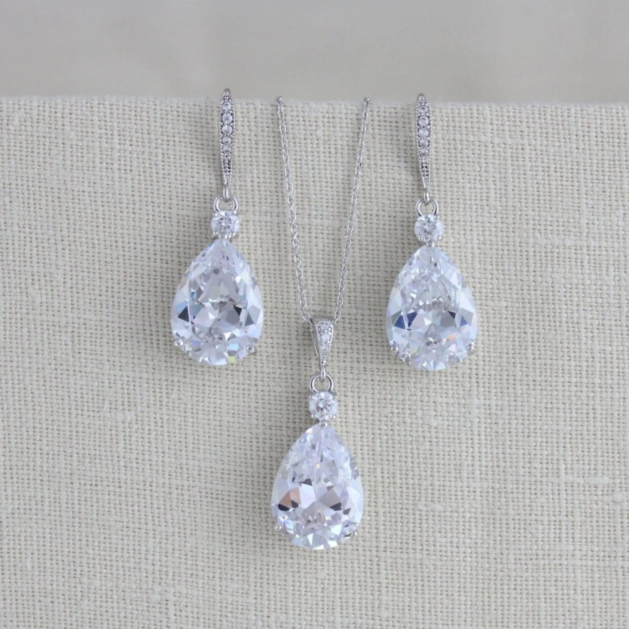 Bridal jewelry set with Cubic zirconia stones, Bridesmaid necklace and earrings - PEYTON