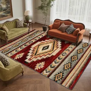 Velvet Soft Comfort Navajo Geometric Totem Vintage Print Rug, Boho Area Rug, Home Decor Carpet, Living Room Large Mat, Sofa Pad, Bedroom Bedside Blanket