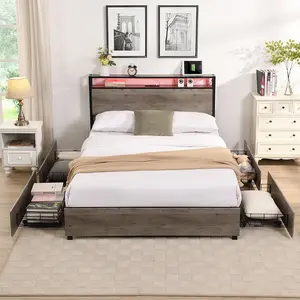 Queen/Full Bed Frame, Storage Headboard with Charging Station, Solid and Stable, Noise Free, No Box Spring Needed, Easy Assembly