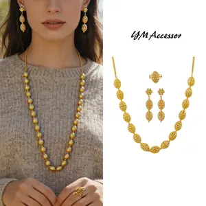 YM Vintage Style 18K Gold Plated-Tone Openwork Jewelry Set Oval Bead Link Design 3-Piece Set Long Necklace Dangle Earrings Statement Ring Unisex Versatile Premium Quality