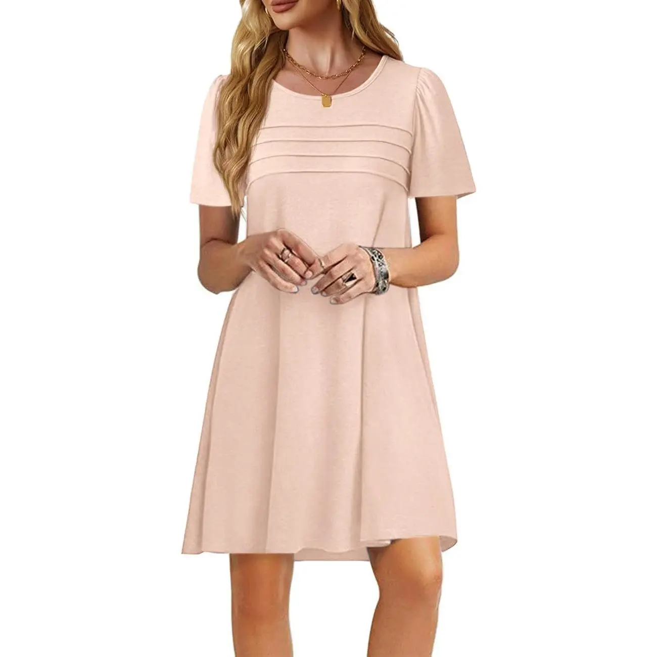 basic casual dresses Teen Girl Dress Summer Cute Short Sleeve Round Neck Ankle-Length Loose Fit Dress Simple Versatile Lightweight Everyday Outfit line fit Aoysky Women's Minimalist Basic Crew